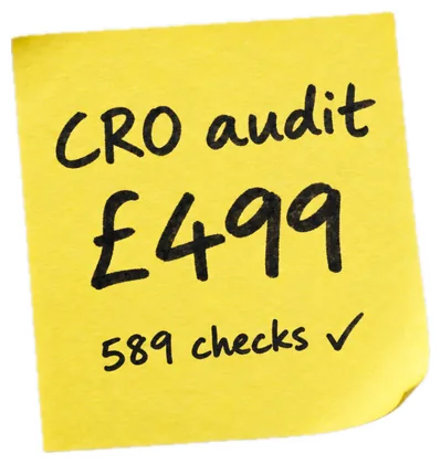 Sticky note: CRO audit £499, 589 checks