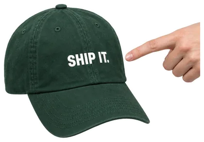 A cap with a pointing hand: tap for my links