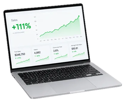 Laptop showing +111% sales for one client